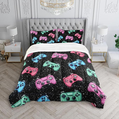 Colorful Gamer Console Comforter 3Pcs Queen Games Contoller Bedding Set for Kids Teens Boys Girls Adults 3D Video Game Gamepad Quilt Room Decor with 1 Comforter and 2 Pillowcases