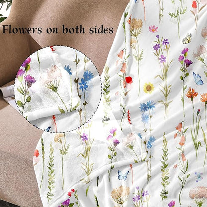 Floral Throw Blanket Birthday Gift for Women Mom Girls Colorful Flowers Blanket Summer Wildflower Flannel Blanket Watercolor Printed Throw for Couch Sofa Bed Chair 60"x80"