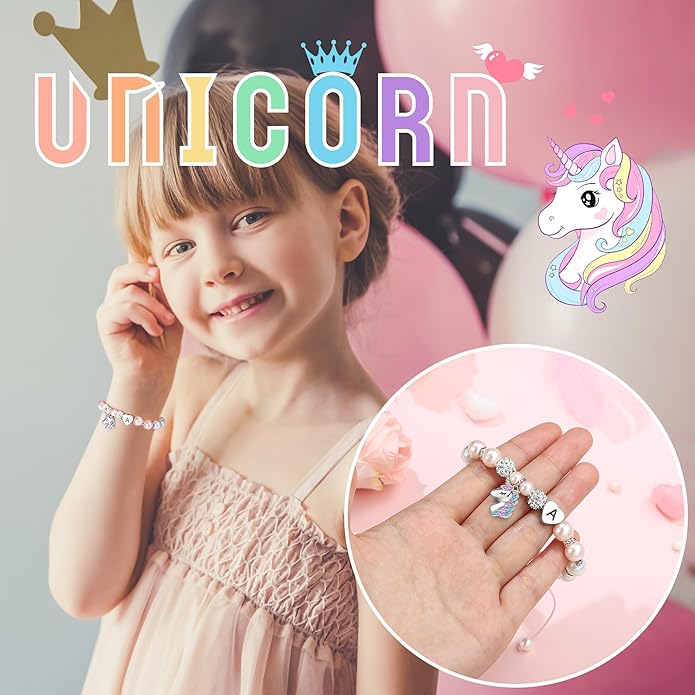 Hidepoo Christmas Gifts for Grandkids Girls - CZ Initial Unicorn Bracelet Adjustable Pink Pearl and Rhinestone Balls Heart Initial Unicorn Bracelets Jewelry Birthday Gifts for Girls Stocking Stuffers