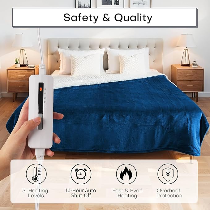 Electric Heated Blanket Twin Size 62"×84", 5 Heat Settings- 10H Auto Shut Off Flannel Material&Sheepskin Fabric, Machine Washable, Dark Blue&White