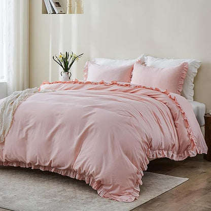Simple&Opulence Kids 100% Organic Cotton Queen Duvet Cover Ruffle 3Pcs(1 Comforter Cover 2 Pillowcases) Cute Lace Vintage Boho Shabby Chic Farmhouse Bedding Set Teen Girls(Peach Pink,Queen)