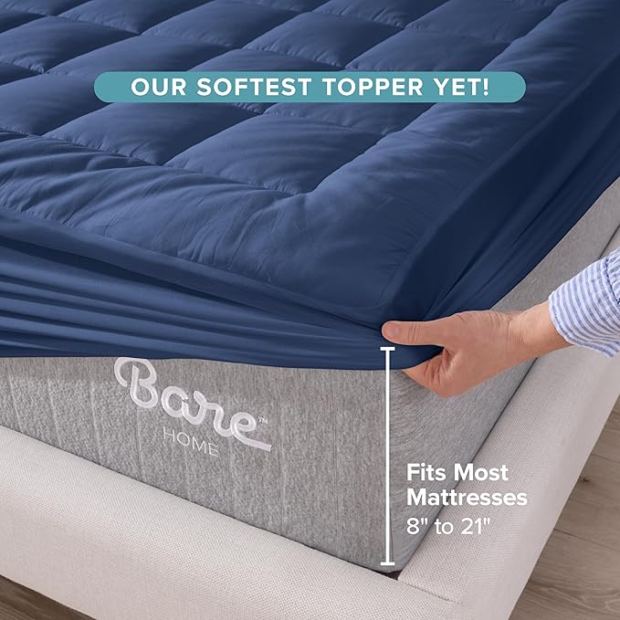 Bare Home King Mattress Topper Cotton Top - Plush Topper for Mattress - Fitted Mattress Cover - Cooling Breathable Air Flow - 8" to 21" Deep Pocket - Soft Mattress Pad (King, Dark Blue)