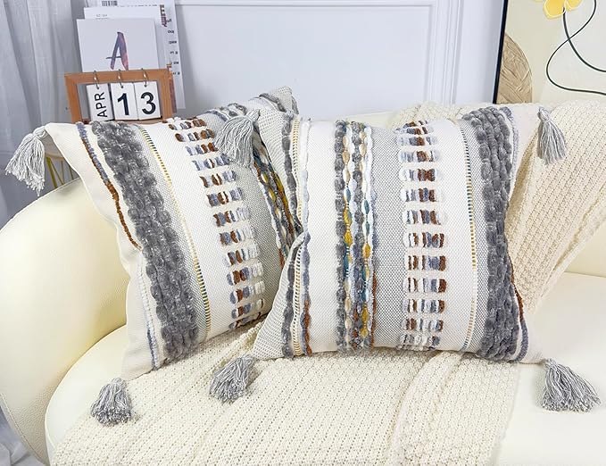 Boho Throw Pillow Covers 18x18 Aesthetic Neutral Boucle Couch Pillow Cover Rainbow Striped Decorative Accent Pillow Case for Couch Bed Sofa Farmhouse,Modern Funky,Set of 2 Brown-Grey