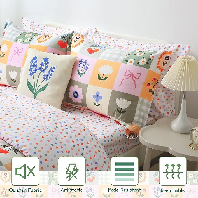 Mooreeke Kids Twin Comforter Sets for Girls 6 Pieces Floral Butterfly Bedding Set for Teens Microfiber Splice Block Flower Kids Bed in A Bag with Comforter, Sheet Set, Shams and Decorative Toy Pillow