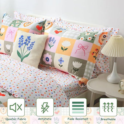 Mooreeke Kids Twin Comforter Sets for Girls 6 Pieces Floral Butterfly Bedding Set for Teens Microfiber Splice Block Flower Kids Bed in A Bag with Comforter, Sheet Set, Shams and Decorative Toy Pillow