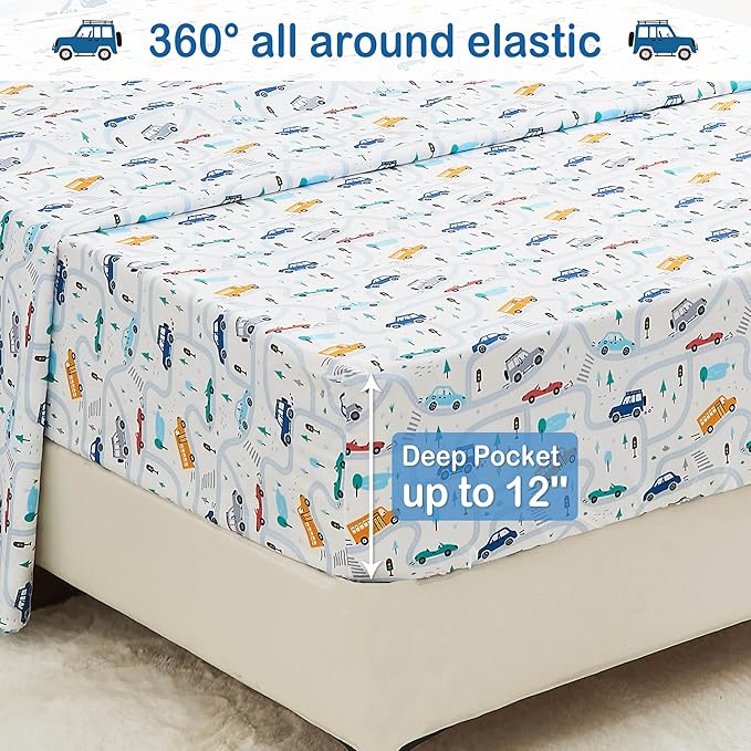 Mooreeke Bed in a Bag for Kids Boys Teens, 6 Pieces Twin Size Comforter Bed Set with Shams, Sheet Set and Decorative Toy Pillow, Cars White Super Soft Microfiber Kids Comforter Bedding Set