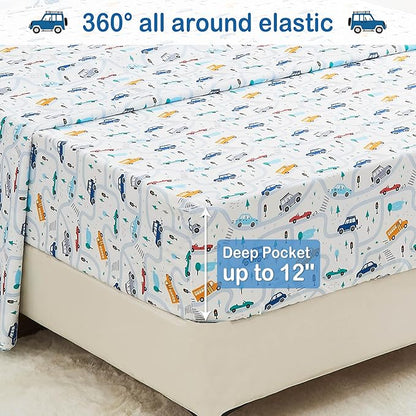Mooreeke Bed in a Bag for Kids Boys Teens, 6 Pieces Twin Size Comforter Bed Set with Shams, Sheet Set and Decorative Toy Pillow, Cars White Super Soft Microfiber Kids Comforter Bedding Set