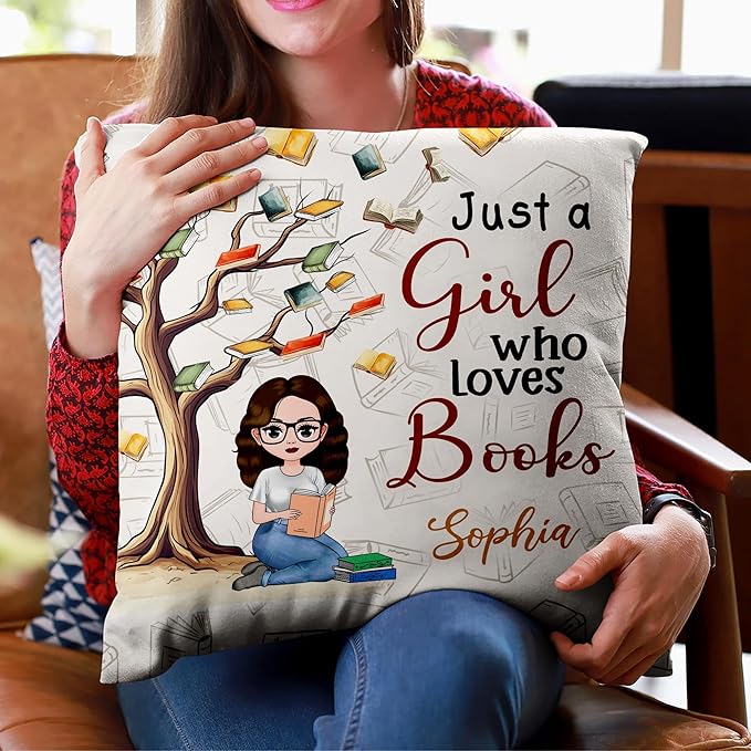 Hyturtle Personalized Book Pillow (Insert Included) Gifts for Girls Book Lovers, Reading Club Librarian on Birthday, Just A Girl Who Loves Books Custom Name Couch Cushion Decor Throw Pillow