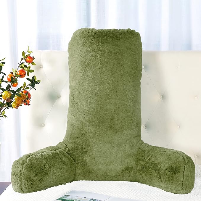 Faux Fur Assembly Need DIY Extra Large Backrest Reading Bed Rest Pillow with Arms and Pockets for Sitting in Bed Couch Sofa, Removable Cover & Filling Seprated, 28" x 30" x17", Moss Green