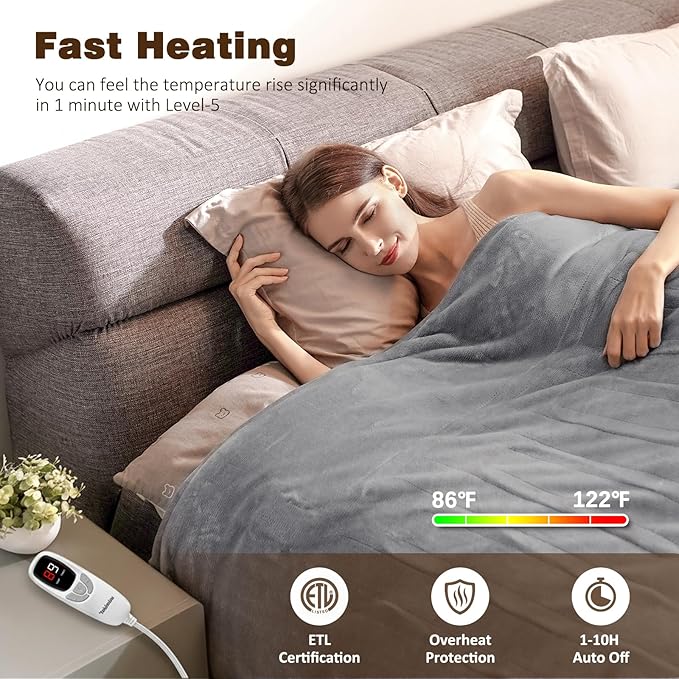 Electric Blanket King with Dual Control-100 x90 Soft Flannel Heating Blanket, 9 Heat Levels & 10 Hours Auto Off Heated Blanket, Fast Heating Electric Throw, Machine Washable- Grey