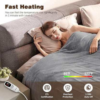 Electric Blanket King with Dual Control-100 x90 Soft Flannel Heating Blanket, 9 Heat Levels & 10 Hours Auto Off Heated Blanket, Fast Heating Electric Throw, Machine Washable- Grey