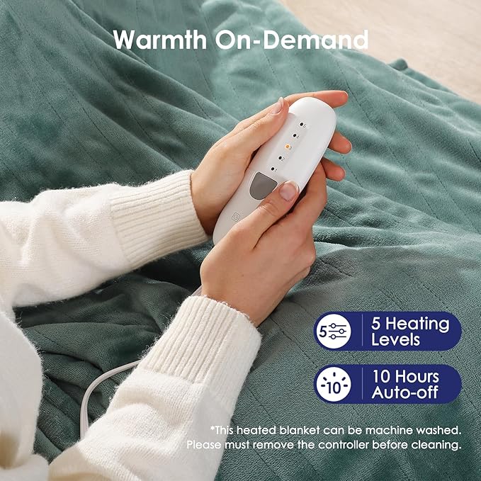 Electric Blanket Full Green Heated Blanket 72''X84'', Ultra Soft Silky Flannel Heating Blanket with 5 Heat Levels & 10 Hrs Timer, ETL Certified & Overheat Protection, Gifts for Grandma(Hunter Green)