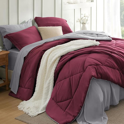 Bedsure King Size Comforter Set - 7 Pieces Reversible Burgundy Bedding, King Size Bed Set for All Seasons, Bed in a Bag with Down Alternative Comforter, Sheets, Pillowcases & Shams