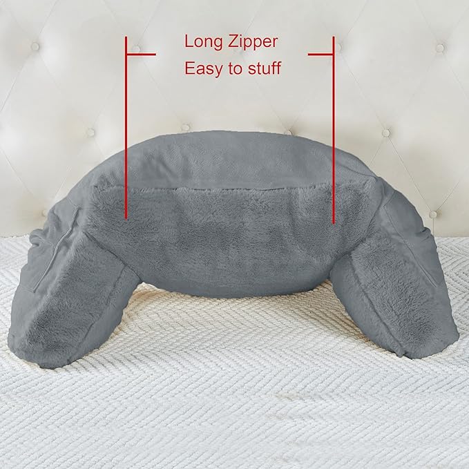 Plush Faux Fur Backrest Reading Bed Rest Pillow with Arms and Pockets for Sitting in Bed Couch Sofa, Back Support Wedge Cushion with Removable Cover, 20" x 18" x 17", Middle Gray