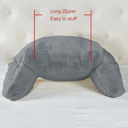 Plush Faux Fur Backrest Reading Bed Rest Pillow with Arms and Pockets for Sitting in Bed Couch Sofa, Back Support Wedge Cushion with Removable Cover, 20" x 18" x 17", Middle Gray
