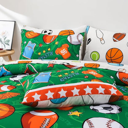 A Nice Night 6Pcs Bed in A Bag Twin Sports Comforter Set, Rugby Ball Jersey Patchwork Printed Bedding Collections,for Boys Kids Teen,Green