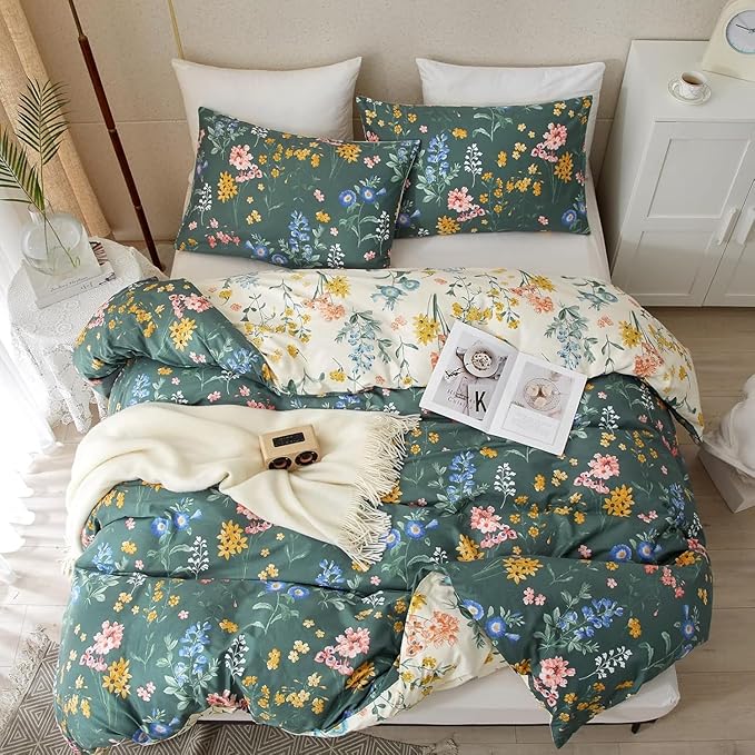 Floral Duvet Cover Full Size Vintage Floral On Green Bedding Set 3 Pieces Women Men Romantic Pink Blue Flower Ultra Soft Reversible Fall Duver Cover with 2 Pillowcases