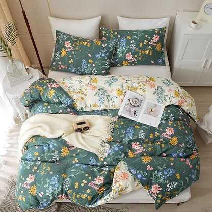 Floral Duvet Cover Full Size Vintage Floral On Green Bedding Set 3 Pieces Women Men Romantic Pink Blue Flower Ultra Soft Reversible Fall Duver Cover with 2 Pillowcases