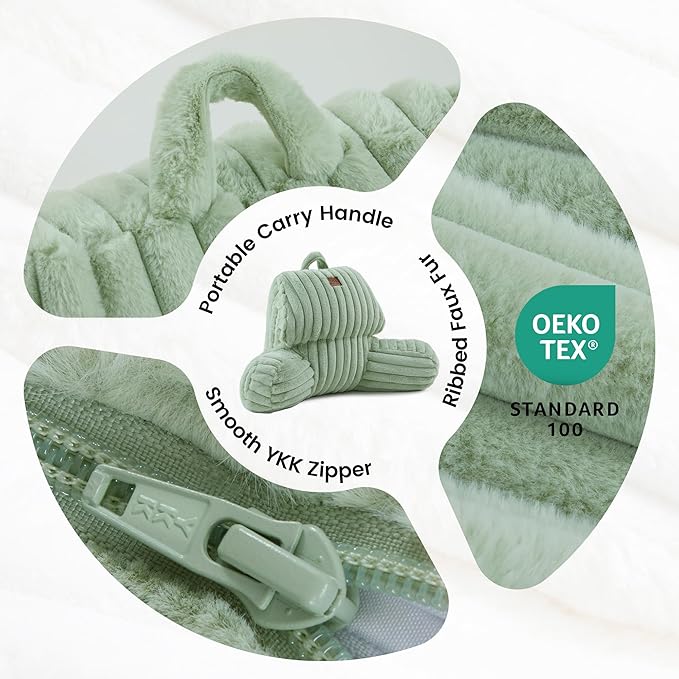 Amélie Home Faux Fur Reading Pillow with Pocket for Sitting in Bed, Kids Backrest Bed Pillow with Washable Cover for Lounging, Study & Relaxing, Sage Green 17 inches
