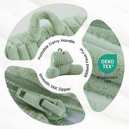 Amélie Home Faux Fur Reading Pillow with Pocket for Sitting in Bed, Kids Backrest Bed Pillow with Washable Cover for Lounging, Study & Relaxing, Sage Green 17 inches