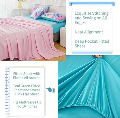 RYNGHIPY Mermaid Queen Kids Bedding Set, Rainbow Comforter Set with Sheets, 6 Pieces Teen Girls Bed in a Bag