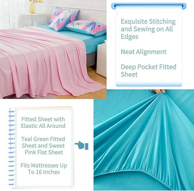 RYNGHIPY Mermaid Twin Girls Bedding Set, Colorful Rainbow Kids Girls Comforter Set with Sheets Soft and Lightweight, 6 Pieces Teen Girls Bed in a Bag
