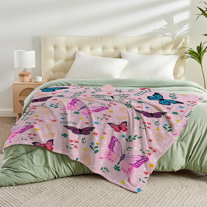 Butterfly Kids Throw Blanket for Girls Teens Toddler Pink Soft Fuzzy Flannel Bed Blanket Colorful Flowers Birthday Gifts for Women Girls Kids Teens Adults, 60”x80”
