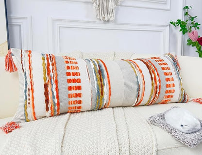 Chenille and Cotton Long Pillow for Bed, Striped Textured Boho Lumbar Throw Pillow Cover 12x36, Neutral Accent Decorative Extra Long Body Pillow Case for Couch, Sofa, Bedroom, Red