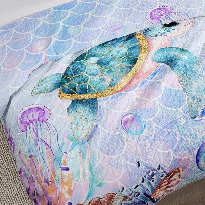 Coastal Bedding Sea Turtle Quilted Set,Mermaid Scale Coral Pattern Bed Set for Toddler Kids Girls Beach Themed Room Decor,Queen Quilt Bedding Sets with 2 Pillowcases.