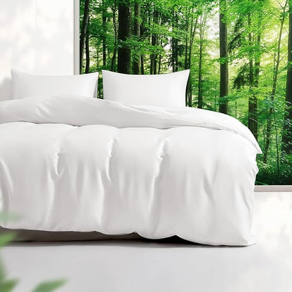 Tencel Duvet Cover Set, Full/Queen Size Cooling Duvet Cover for Hot Sleepers, 100% Eucalyptus Lyocell, 3 Pieces, 1 Zipper Closure Duvet Cover (90" x 90") and 2 Pillowcases (20" x 30") - White