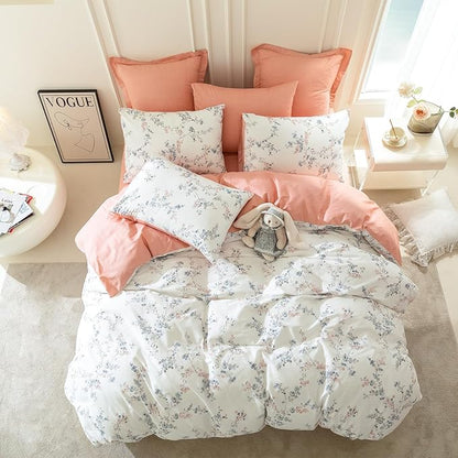 Floral King Duvet Cover, 100% Cotton Bedding Sets King, Reversible Floral Chic Vintage Fresh Style Printed Mini King Duvet Cover with Zipper Closure