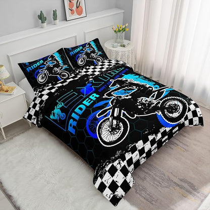 Kids Comforter Set Motocross Printed Pattern Bedding Set with 1 Comforter and 2 Pillowcases for Girls Boys Bedroom All Season(Motocross02 Queen)