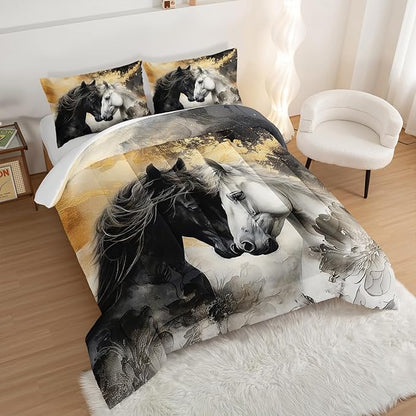 Black White Horses Comforter Set Queen Size,Golden Ink Painting Flora Bedding Set for Kids and Adults Bedroom Horse Decor,Wild Animal Theme Art Aesthetics Comforter Set with 2 Pillowcases.