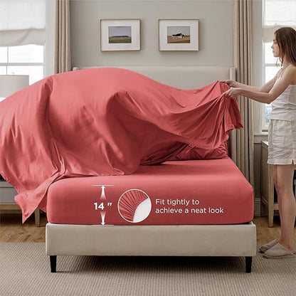 Bedsure King Size Comforter Set Coral Red - Bed in a Bag Bedding Set 7 Pieces, GentleSoft™ Pintuck Bed Set Gift for Family, Pinch Pleat Coral Red Comforter with Sheets, Pillowcases & Shams