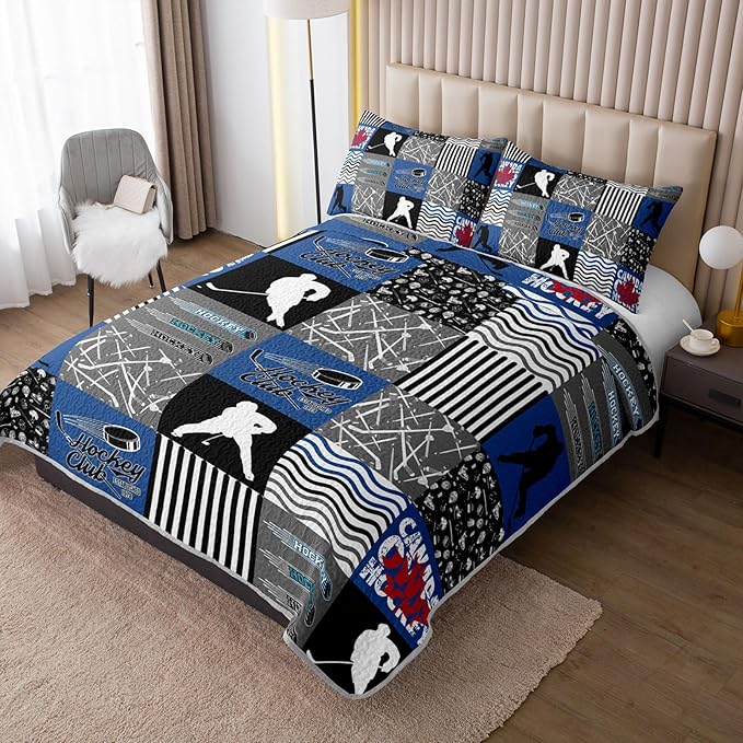 QOOMO Ice Hockey Quilt Set Twin Size,Sports Bedspread Coverlet Set,Ice Hockey Player 3Pcs Bedding Set Printed Quilt with 2 Pillowcases,Soft and Lightweight,for All Seasons