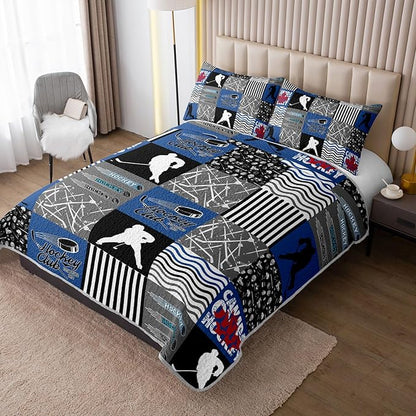 QOOMO Ice Hockey Quilt Set Twin Size,Sports Bedspread Coverlet Set,Ice Hockey Player 3Pcs Bedding Set Printed Quilt with 2 Pillowcases,Soft and Lightweight,for All Seasons