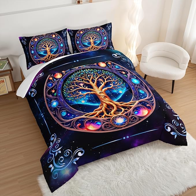 Tree of Life Bedding King Comforter Set,Mystic Planet Starry Sky Printed Bedding Comforter Sets for Kids Boys Girls Room Decor,Bohemian Bedding Puffy Comforter Sets 2 Pillowcases.