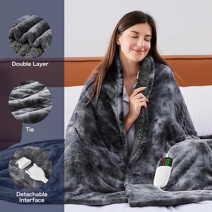 greenoak Heated Electric Blanket Throw, Faux Fur Sherpa Heating Blanket for Sofa Bed, Warm Winter Gift for Dad/Grandma, Heater Lap Blankets 5-Position Timer &10 Heating Levels 50''*60" Marble Grey