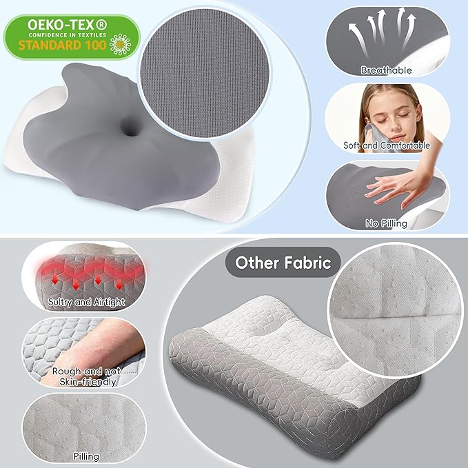 Cervical Neck Pillow, Ergonomic Side Sleeper Pillow for Pain Relief, Cooling Pillow for Sleeping, Neck and Shoulder, Contour Orthopedic Memory Foam Pillows for Back Stomach Sleepers Grey White