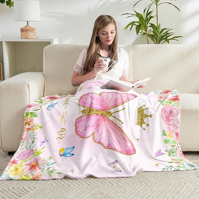 Butterfly Throw Blanket for Girls Teens Women Toddler Watercolor Blanket Soft Fuzzy Flannel Bed Blanket Plush Butterfly Birthday Gifts for Women Girls Mom Kids Teens Adults, 50”x60”