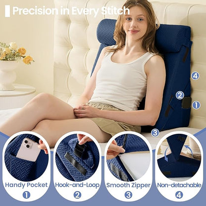 Sasttie Wedge Pillow Set for After Surgery, 2PCS Adjustable Bed Wedge Pillow Headboard with Memory Foam Neck Cushion – for Acid Reflux, Sleeping, Neck & Back Support, Navy