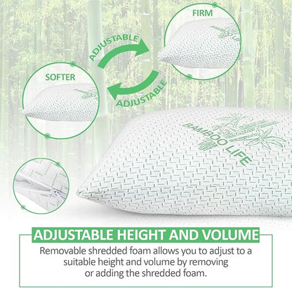 King Size Rayon Derived from Bamboo Pillow, Shredded Memory Foam Bed Pillows Sets for Side, Back and Stomach Sleepers, Washable Cover, Cooling and Adjustable, King (Pack of 1)