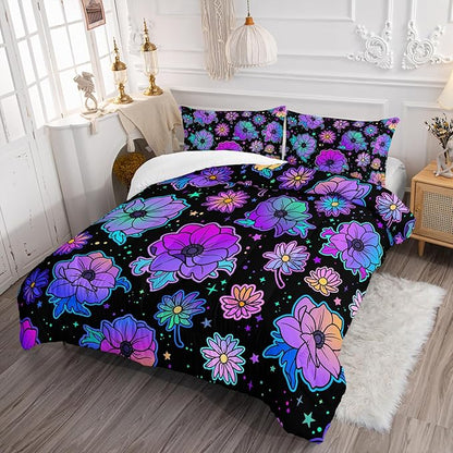 Axolotl Neon Floral Bedding Set Twin,Gradient Floral Comforter Set for Girls,Colorful Flower Bedding Set Stars,Galaxy Series Comforter for Kids Boys Girls Teens Adults,1 Quilt 2 Pillowcases,Black