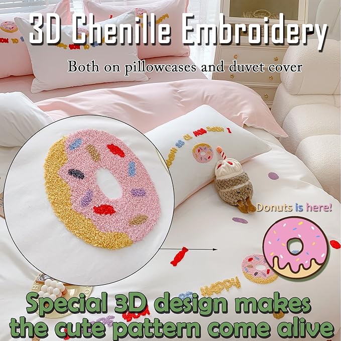 MorroMorn Twin Duvet Cover Cotton, 3D Embroidery Twin Bedding Sets, Cute Chenille Embroidered Comforter Covers Summer Blanket Soft Breathable for Girls Kids Teen Preppy (Donut White, Twin/Twin XL)