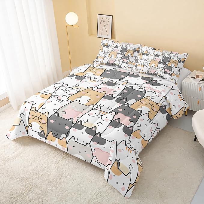 QOOMO Kawaii Cat Comforter Full Size,Cats Bedding Set for Kids Teens Girls Boys,3Pcs Bedding Set Printed Comforter with 2 Pillowcases,Down Alternative,Soft and Lightweight，Full Size
