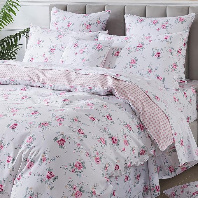 FADFAY Rose Duvet Cover Set Twin XL College Dorm Bedding Vintage Pink Floral Girls Bedding 100% Cotton Soft Breathable Comforter Cover with Hidden Zipper Closure 3Pcs, Twin XL Size for Dorm Room