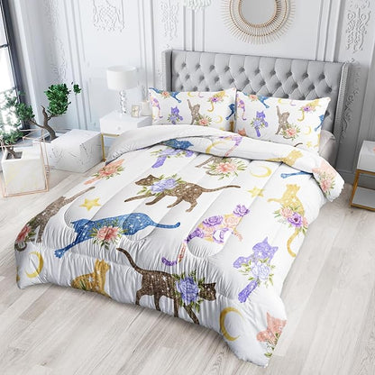 Flowers Cat Bedding Twin Cartoon Stars Moon Comforter 3 Pieces Colored Cute Cats Comforter Set for Teens Kids Boys Girls Adults Kawaii Cat Quilt with 1 Comforter and 2 Pillowcases
