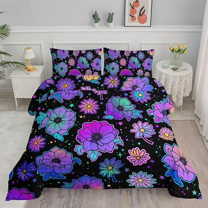 Axolotl Neon Floral Bedding Set Full,Gradient Floral Comforter Set for Girls,Colorful Flower Bedding Set Stars,Galaxy Series Comforter for Kids Boys Girls Teens Adults,1 Quilt 2 Pillowcases,Black