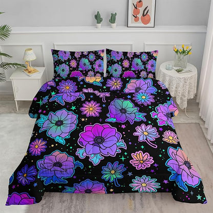 Axolotl Neon Floral Bedding Set Full,Gradient Floral Comforter Set for Girls,Colorful Flower Bedding Set Stars,Galaxy Series Comforter for Kids Boys Girls Teens Adults,1 Quilt 2 Pillowcases,Black