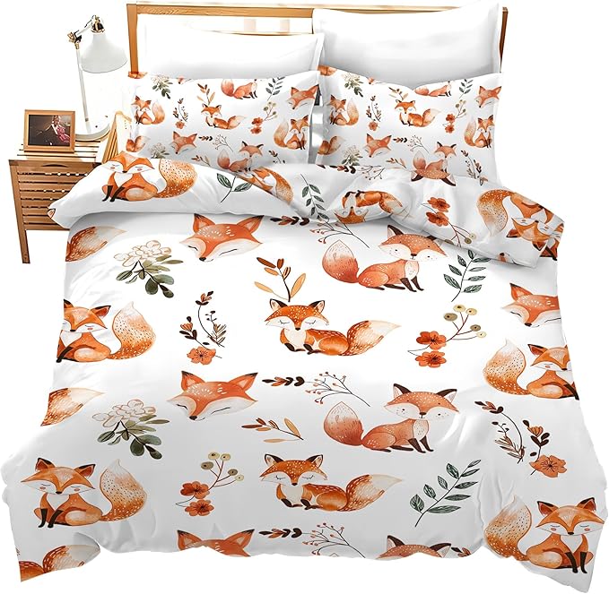Fox Bedding Set 3 Pieces King Size Fox Duvet Cover Comforter Cover Sets with 2 Pillowcases for Boys Girls Teens Men Women